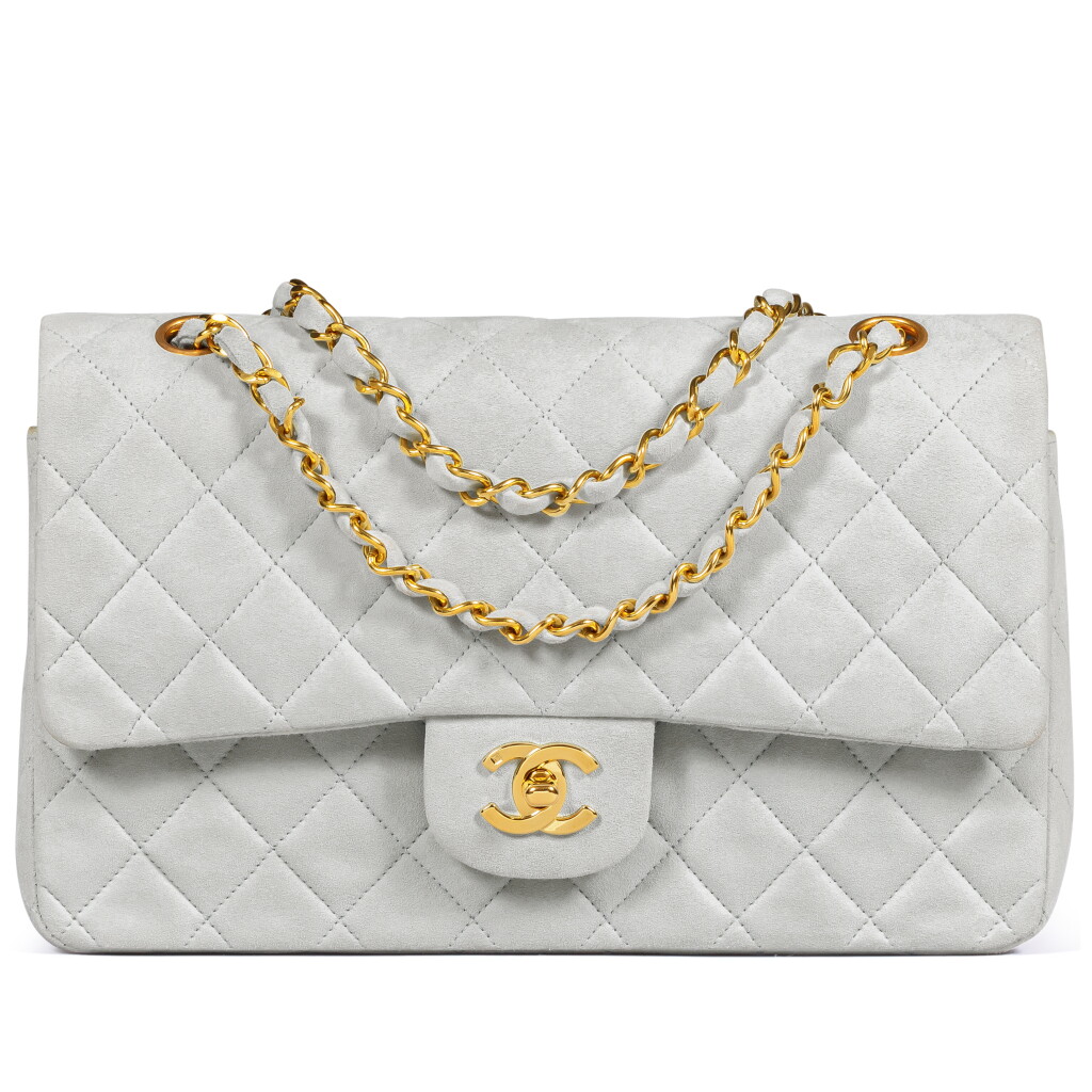 View full screen - View 1 of Lot 48. Light Blue Quilted Suede Timeless Classic Medium Double Flap Gold Hardware, 1994-1996.