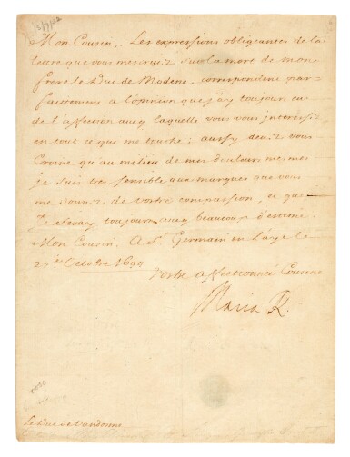 View full screen - View 1 of Lot 76. MARY OF MODENA | letter signed, to the Duc de Vendome, 1694.