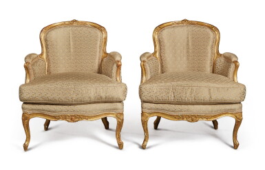 View full screen - View 1 of Lot 88. A Pair of Louis XV Giltwood Bergères en Cabriolet by Pothier, Circa 1750.