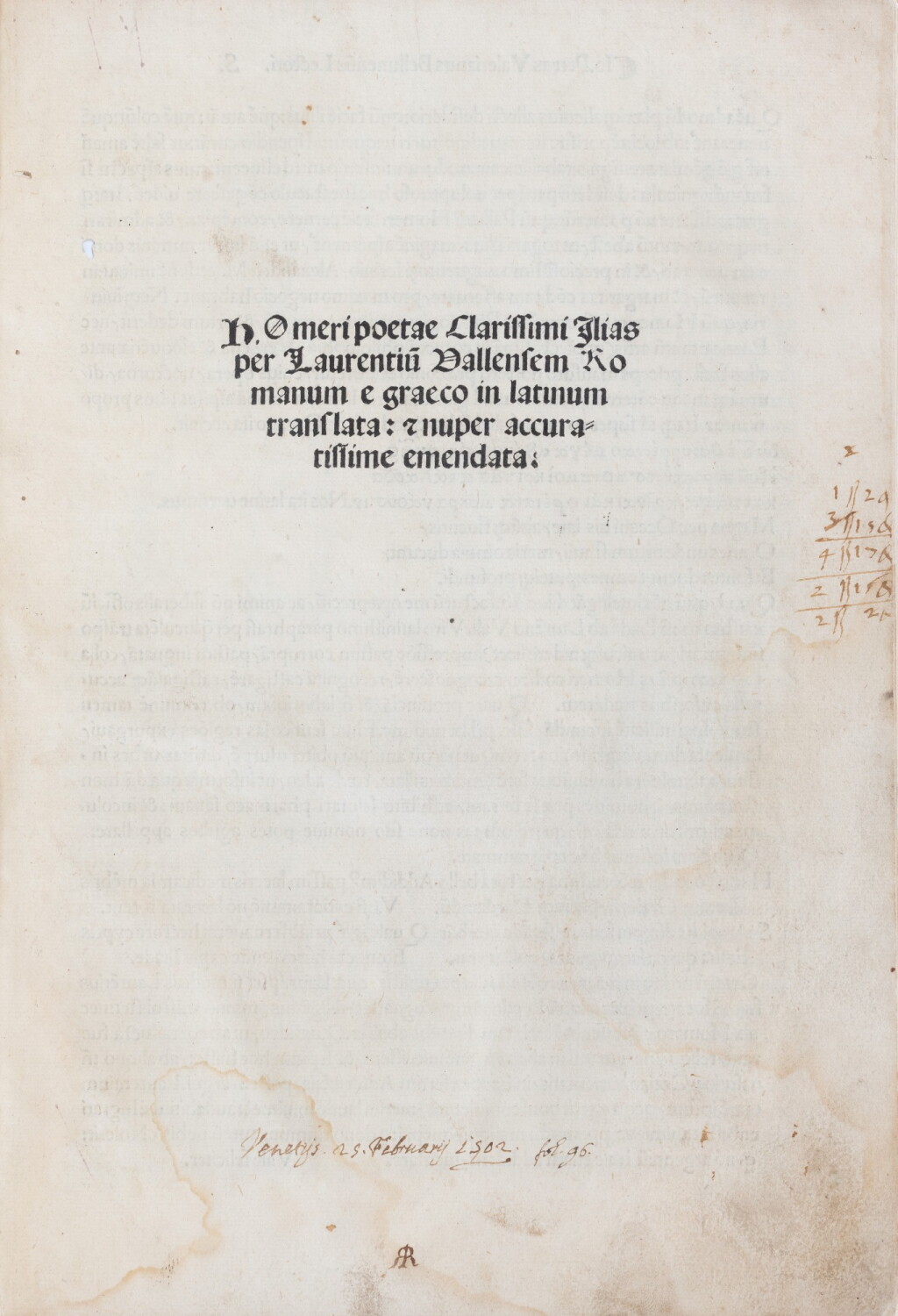 View full screen - View 1 of Lot 35. Ilias per Laurentium Vallensem Romanum.. Venise,1502. Vélin moderne. Deuxième éd. de la trad. de Valla..