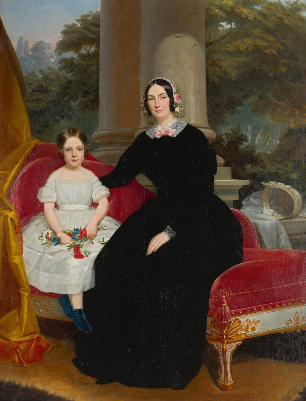 View full screen - View 1 of Lot 112. Portrait of a mother and her daughter, full-length, seated on a chaise longue.