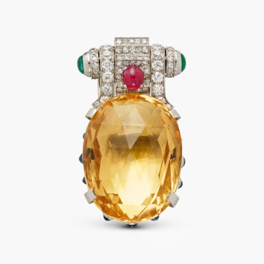 View full screen - View 1 of Lot 399. Citrine, Diamond and Colored Stone Clip-Brooch.