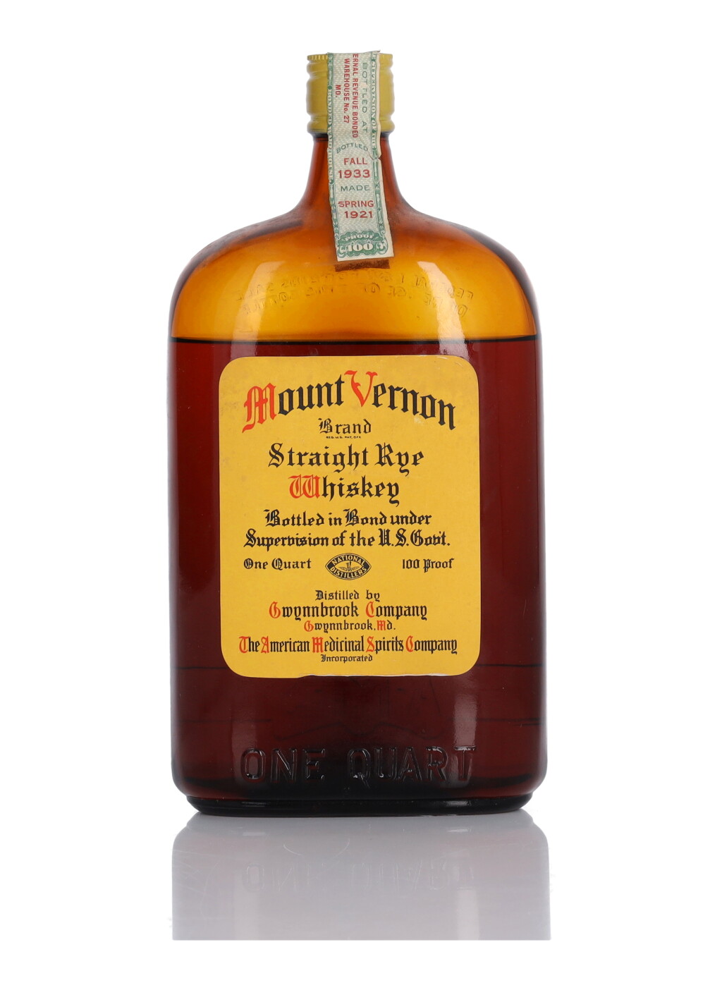 View full screen - View 1 of Lot 235. Mount Vernon Pure Rye Whiskey 100 Proof 1921 (1 Bottle Quart).