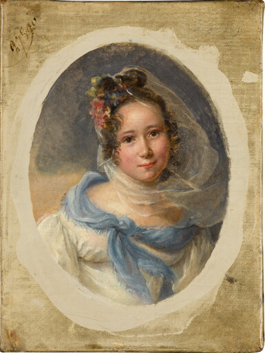 View full screen - View 1 of Lot 94. Portrait of a lady, half-length, wearing a white dress and a white shawl.