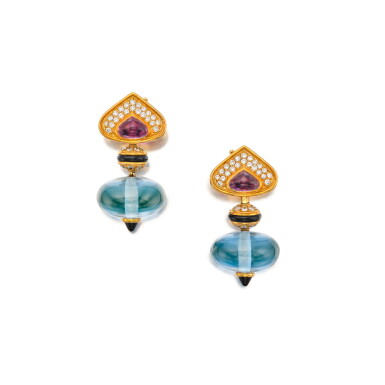 View full screen - View 1 of Lot 554. Pair of Gem-Set and Diamond 'Pneu' Earclips.