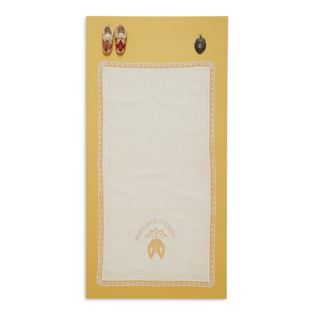 View full screen - View 1 of Lot 37. Silver Amulet, Embroidered Cloth, and Satin Slippers for a Newborn Girl, Italy, late 19th century.