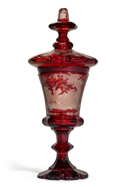 View full screen - View 1 of Lot 169. A Bohemian ruby-stained and engraved goblet and cover, 19th century, dated 1856.