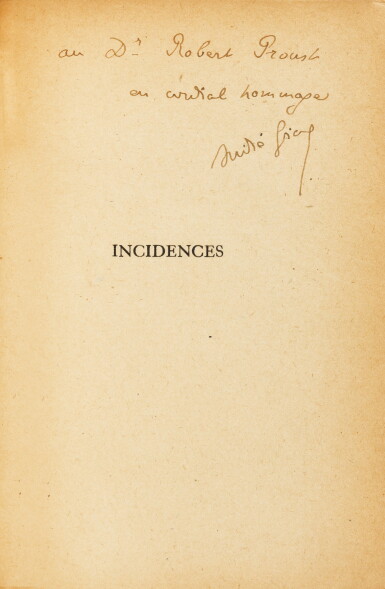 View full screen - View 1 of Lot 52. GIDE. Incidences. 1924. Envoi autographe signé de Gide à Robert Proust..