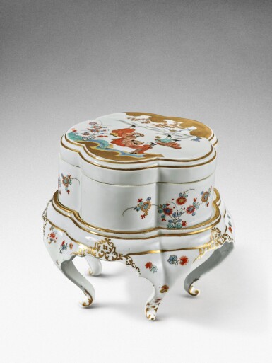 View full screen - View 1 of Lot 34. An extremely rare Meissen Kakiemon toilet box and cover on stand, Circa 1730.