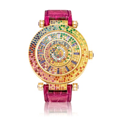 View full screen - View 1 of Lot 8228. Double Mystery, Reference DM 42 D 3R CD | A yellow gold, diamond, sapphire and multi-coloured gem-set wristwatch, Circa 2015 | Double Mystery 型號DM 42 D 3R CD | 黃金鑲鑽石、藍寶石及多彩寶石腕錶,約2015年製.