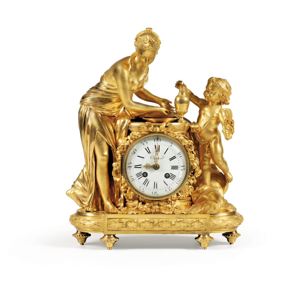 View full screen - View 1 of Lot 187. A LOUIS XVI GILT-BRONZE MANTEL CLOCK BY ANTOINE CROSNIER, CIRCA 1785 | PENDULE EN BRONZE DORÉ D'ÉPOQUE LOUIS XVI, VERS 1785, PAR ANTOINE CROSNIER.