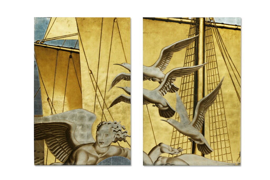 View full screen - View 1 of Lot 413. Two Panels from "The Birth of Aphrodite" Mural from the Grand Salon of the S.S. Normandie.