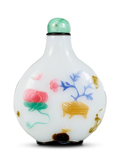 View full screen - View 1 of Lot 1814. A six-colour overlay white glass 'flower and treasures' snuff bottle Qing dynasty, 18th – 19th century | 清十八至十九世紀 涅白地六色套料花卉盆景鼻煙壺.