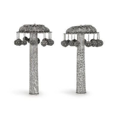 View full screen - View 1 of Lot 261. A Pair of Unusual Silver and Filigree Torah Finials, probably Jerusalem, late 19th century.