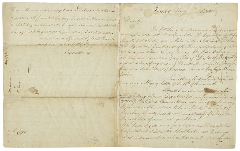 View full screen - View 1 of Lot 2101. Adams, John. Manuscript letter signed, to Tench Coxe, May 1792.