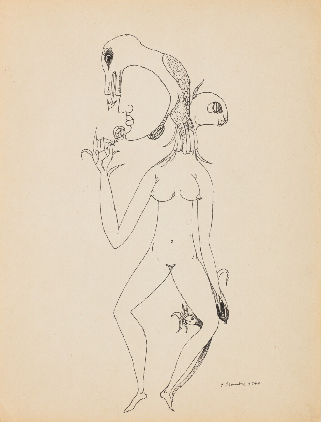 View full screen - View 1 of Lot 523. Femme au chat (Variation originale autour du thème de la femme rose-croix) .