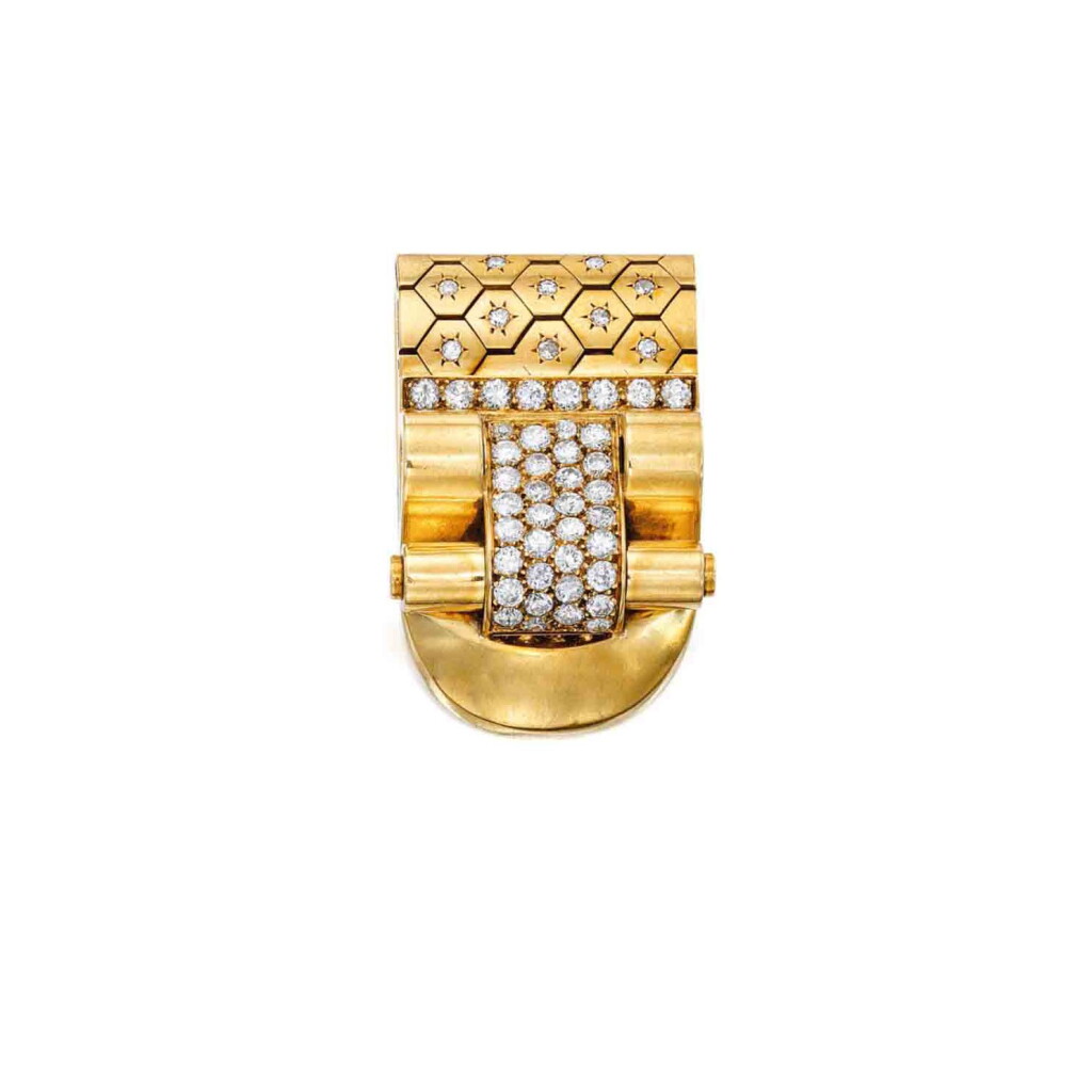 View full screen - View 1 of Lot 224. Gold and Diamond 'Ludo Hexagone' Clip, France.