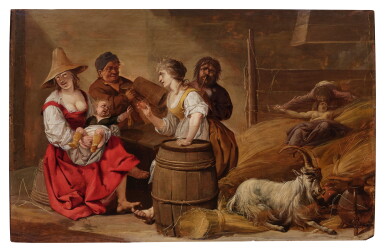 View full screen - View 1 of Lot 472. Peasants in a barn interior, possibly an allegory of the senses.