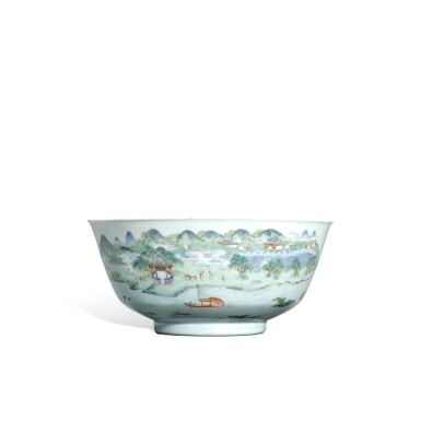 View full screen - View 1 of Lot 3378. An inscribed famille-rose 'landscape' bowl, Qing dynasty, Seal mark and period of Jiaqing | 清嘉慶 粉彩「潯陽秋泊」圖詩文盌 《嘉慶年製》款.