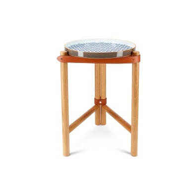 View full screen - View 1 of Lot 5712. Oak, Bleu and White Porcelain and Leather Les Trotteuses d'Hermes Small Occasional Table.