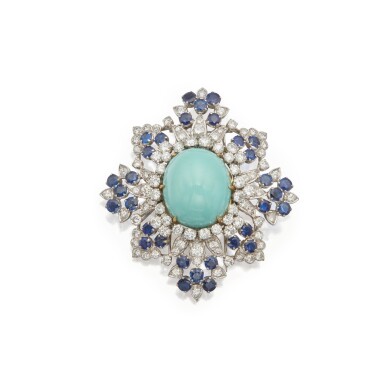 View full screen - View 1 of Lot 439. Van Cleef & Arpels | Turquoise, Sapphire and Diamond Pendant-Brooch.