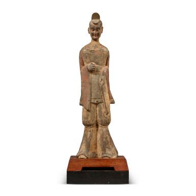 View full screen - View 1 of Lot 723. A painted gray pottery figure of a standing official, Northern Wei dynasty | 北魏 灰陶加彩文官立俑.