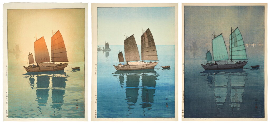 View full screen - View 1 of Lot 76. Yoshida Hiroshi (1876-1950) | Three variants of Sailboats (Hansen) | Taisho period, early 20th century.