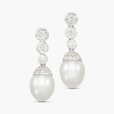View full screen - View 1 of Lot 1421. Pair Cultured Pearl and Diamond Pendent Earrings | 養殖珍珠 配 鑽石 耳墜一對.