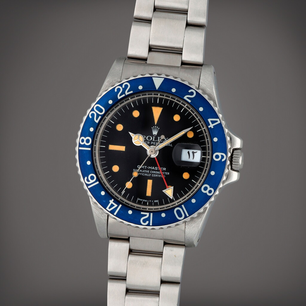 View full screen - View 1 of Lot 49. GMT-Master 'Blueberry', Reference 1675 | A stainless steel dual time zone wristwatch with arabic date and bracelet | Circa 1978 | 勞力士 | GMT-Master 'Blueberry' 型號1675 | 精鋼兩地時間鏈帶腕錶備阿拉伯文日期顯示,製作年份約1978.