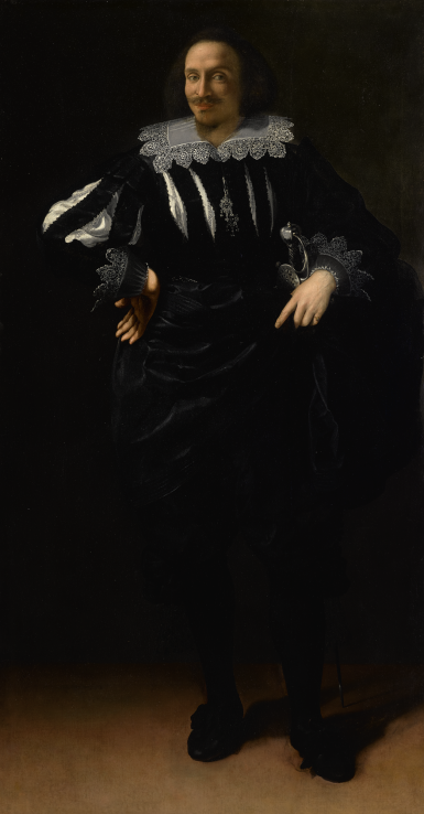 View full screen - View 1 of Lot 33. ARTEMISIA GENTILESCHI | PORTRAIT OF A GENTLEMAN, PROBABLY ANTOINE DE VILLE, FULL-LENGTH, RESTING HIS HAND ON A SWORD AND WITH HIS ARM AKIMBO.