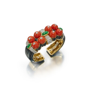 View full screen - View 1 of Lot 105. Coral, Jade, Enamel and Diamond 'Native Blossom' Cuff-Bracelet.