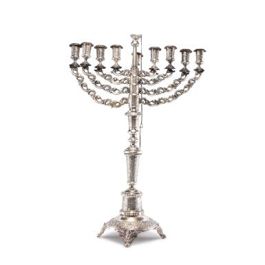 View full screen - View 1 of Lot 2. A Polish Silver Large Hanukkah Lamp, Maker’s Mark F.G., Retailed by I. Szekman, Warsaw, Circa 1880-90.