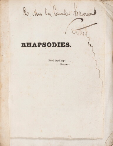 View full screen - View 1 of Lot 90. Rhapsosies. 1832. Broché. rare édition originale. Envoi a.s. à son ami l'historien Haureau..