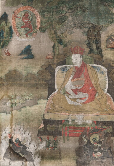 View full screen - View 1 of Lot 38. Rare Tangka du Lama Shamarpa Zhwadmar VI (1584-1630) Tibet, XVIIE-XVIIIE siècle | 西藏 十七至十八世紀 第六世夏瑪巴確吉旺秋唐卡 | A rare thangka depicting Lama Shamarpa Zhwadmar VI (1584-1630), distemper on cloth, Tibet, 17th-18th century.