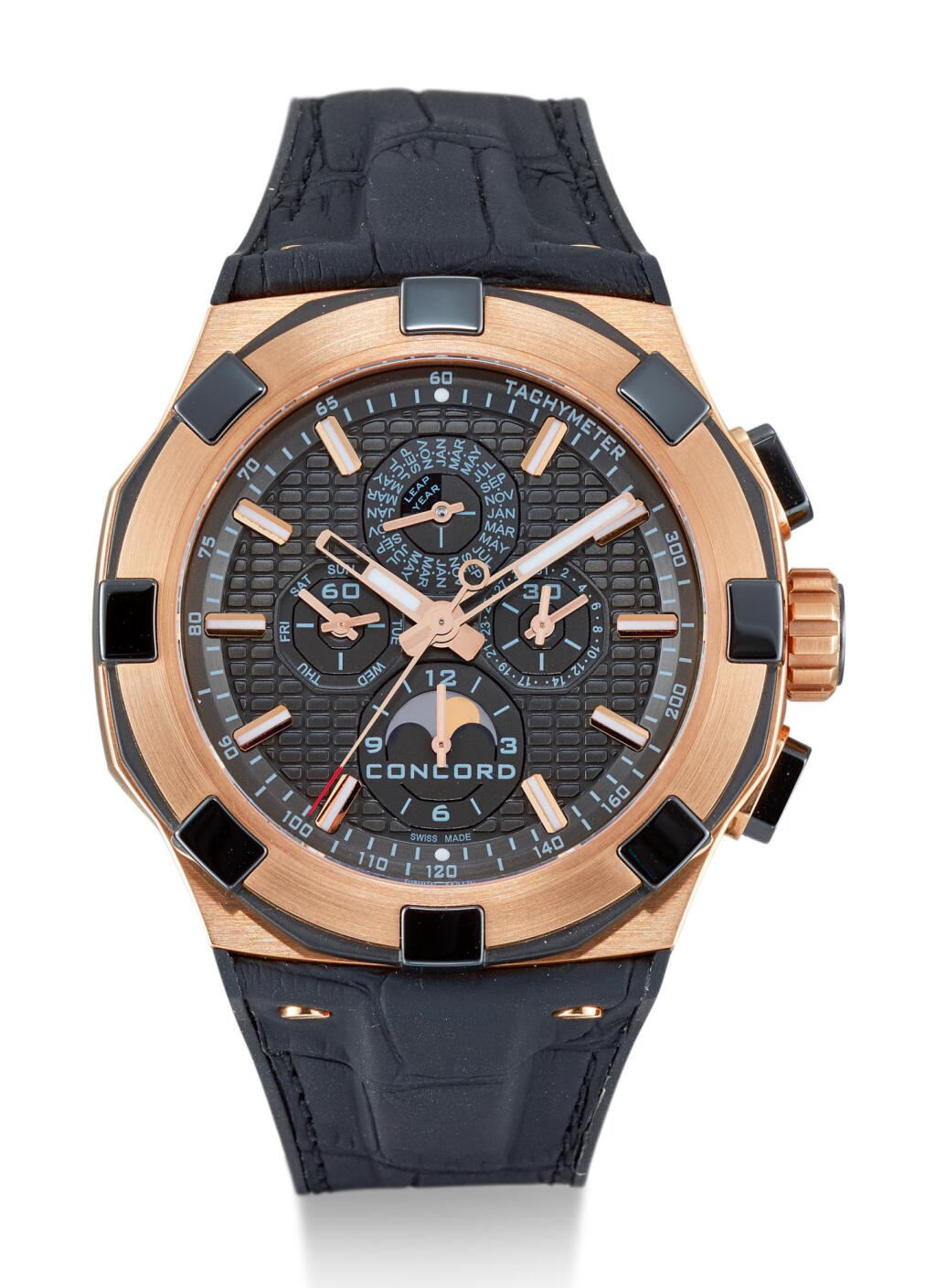 View full screen - View 1 of Lot 8131. CONCORD | C1 PERPETUAL CALENDAR CHRONOGRAPH, REFERENCE 01.6.52.1086, A LIMITED EDITION PINK GOLD AND PVD-COATED TITANIUM PERPETUAL CALENDAR CHRONOGRAPH WRISTWATCH WITH LEAP YEAR INDICATION, CIRCA 2010.