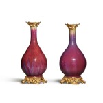 Two Chinese Porcelain Flambé-Glazed Bottle Vases with Louis XV Style Gilt-Bronze Mounts, Mounted as a Pair, Qing Dynasty, 18th / 19th Century | 清十八 / 十九世紀 窰變釉長頸瓶兩件 後鑲路易十五風格鎏金口及底座
