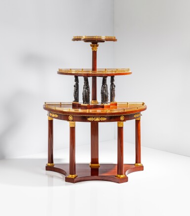 View full screen - View 1 of Lot 30. A German gilt-bronze and patinated bronze mounted mahogany, mahogany veneered neoclassical console-desserte, attributed to Johannes Klinckerfuss, circa 1810.