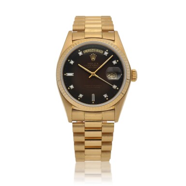 View full screen - View 1 of Lot 69. Day-Date, Ref. 18038, Yellow gold and diamond-set wristwatch with day, date, bracelet and dégradé dial Circa 1981 | 勞力士 | 18038型號「Day-Date」黃金鑲鑽石鍊帶腕錶備星期及日期顯示,約1981年製.