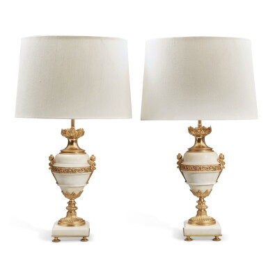 View full screen - View 1 of Lot 128. A Pair of Gilt Bronze and Gilt Metal-Mounted White Marble Lamps.