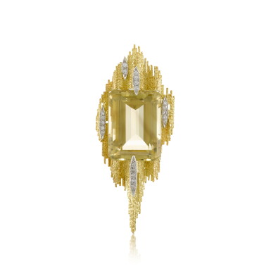 View full screen - View 1 of Lot 39. Citrine and diamond pendant brooch, 1977 .