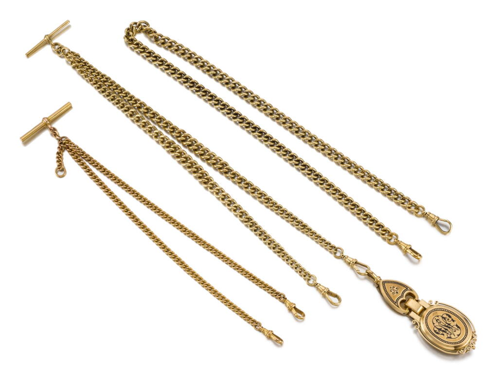 View full screen - View 1 of Lot 1022. VARIOUS, THREE POCKET WATCH CHAINS.