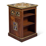 A Regency Gilt-Metal-Mounted Laburnum Double-Sided Open Bookcase, Early 19th Century, Mounted with Six Italian Pietre Dure Panels, Florentine, 17th century