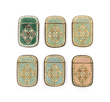 View full screen - View 1 of Lot 62. A group of six Norwegian silver-gilt and enamel vesta cases, David Andersen, Oslo, circa 1900.