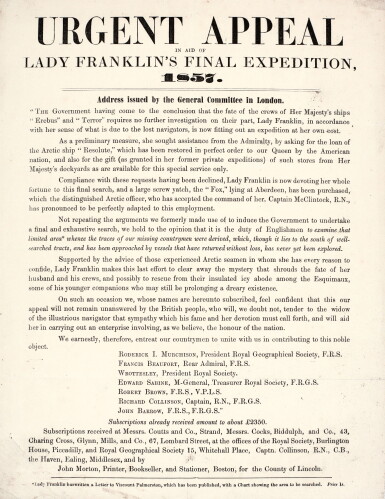 View full screen - View 1 of Lot 320. Franklin Expedition | Urgent appeal broadside, 1857.