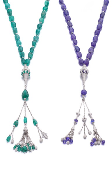 View full screen - View 1 of Lot 1033. Pair of emerald, tanzanite and diamond worry beads.