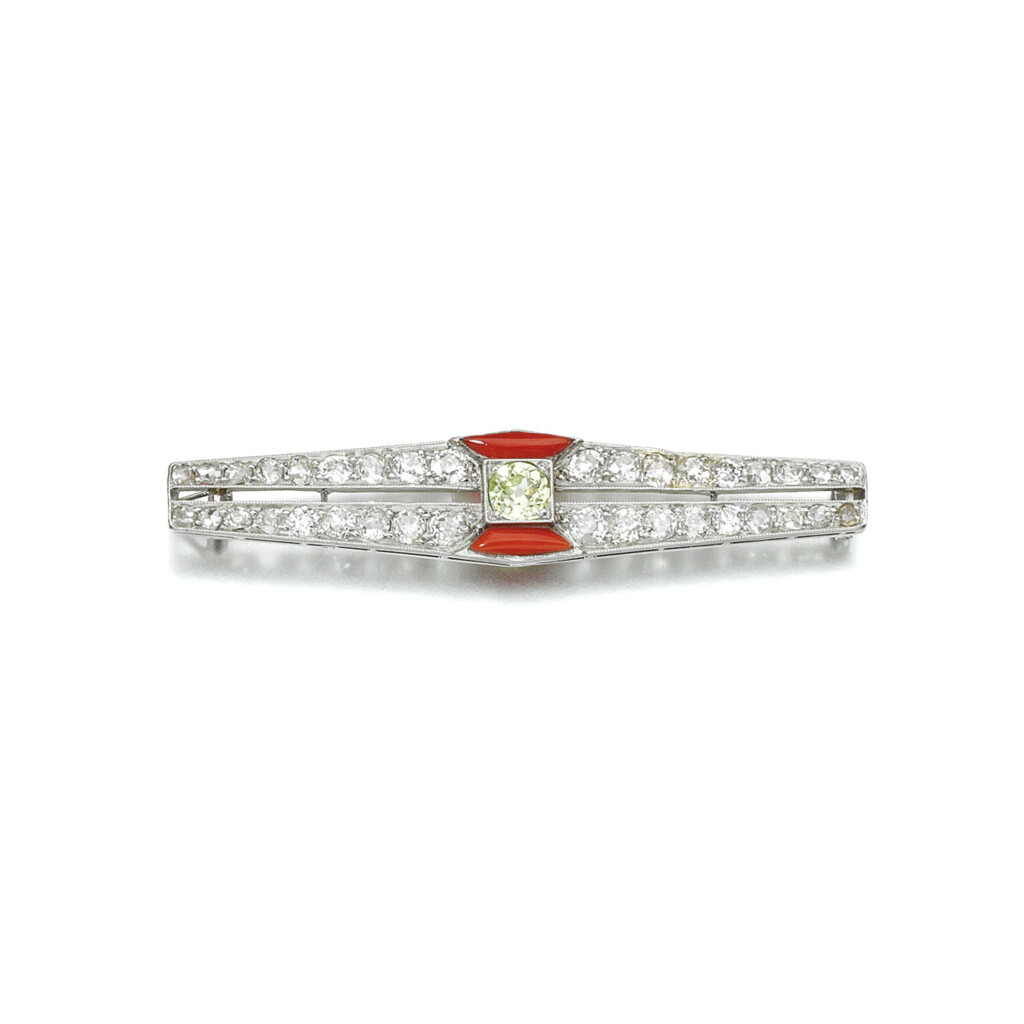 View full screen - View 1 of Lot 13. CORAL AND DIAMOND BROOCH, JANESICH, 1920S.