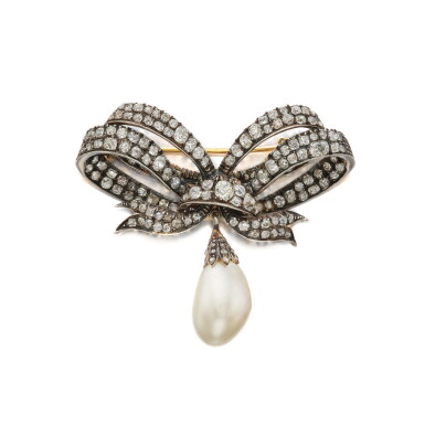 View full screen - View 1 of Lot 171. Silver-Topped Gold, Natural Pearl and Diamond Brooch.