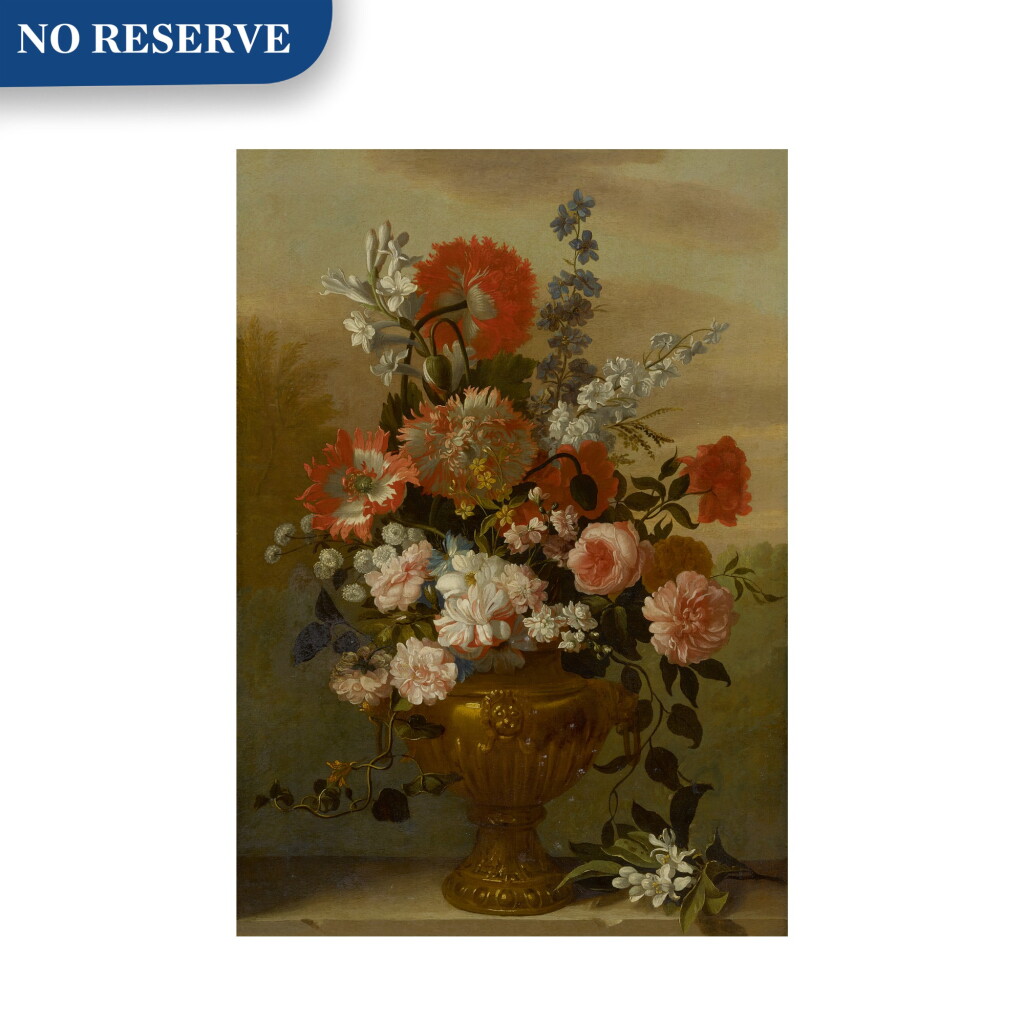 View full screen - View 1 of Lot 117. Still life of flowers in a vase, upon a stone ledge.