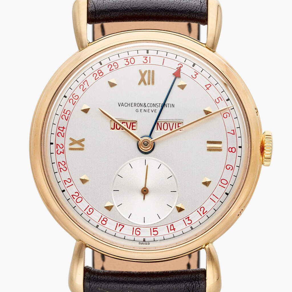 View full screen - View 1 of Lot 337. Reference 4241 | A pink gold triple calendar wristwatch with Spanish day and month wheels, Made in 1944.