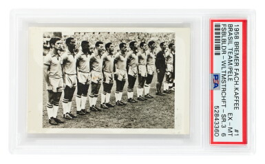 View full screen - View 1 of Lot 24. Pelé 1958 Bremer Fachring Kaffee Fussballbinder-Weltmeisterschaft #1 - PSA 6.